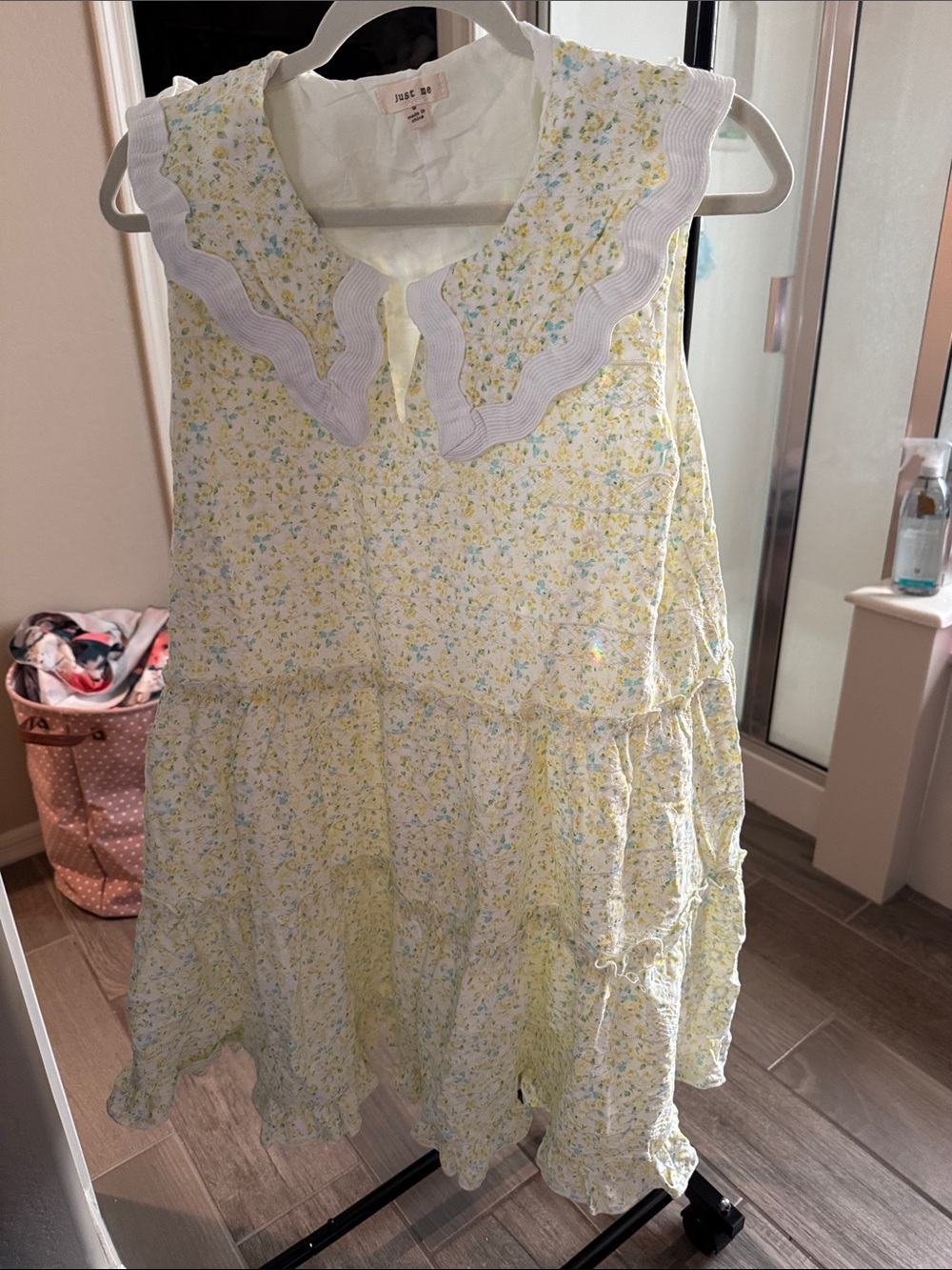 Just Me Yellow Floral Tiered Dress with White Scalloped Collar M